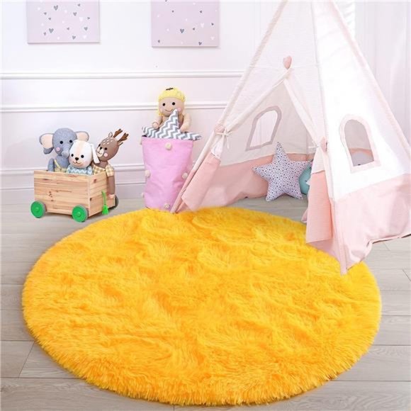 Round Rug 4x4Feet Fluffy Soft AreaRugs for Kids Girls Room Princess Castle Plush - Picture 6 of 6
